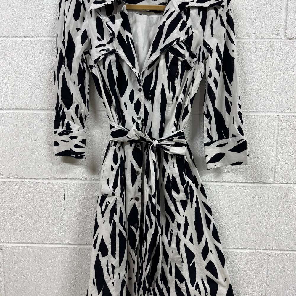 Diane von Furstenberg DVF Black and White Printed Belted Shirt Dress